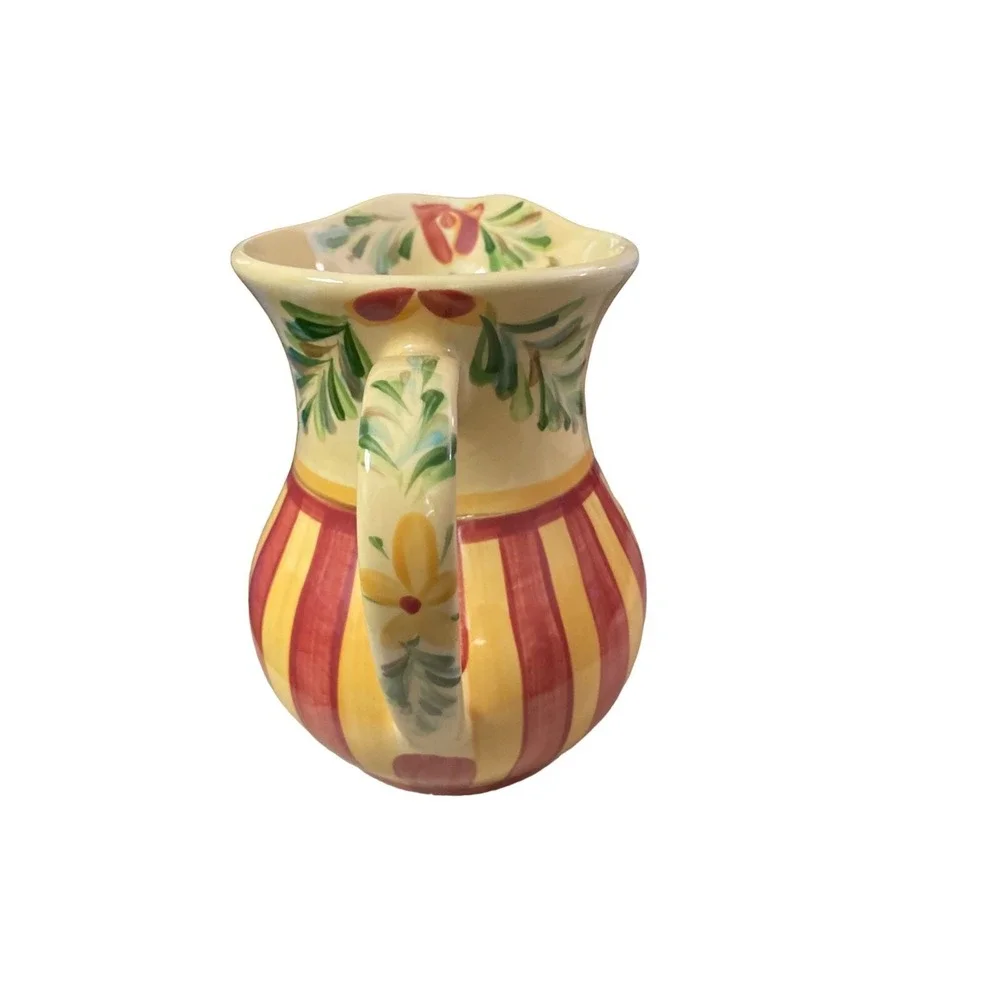 Gail Pittman Ceramic Pitcher Hand Painted Yellow Red Striped Floral Tuscan Decor